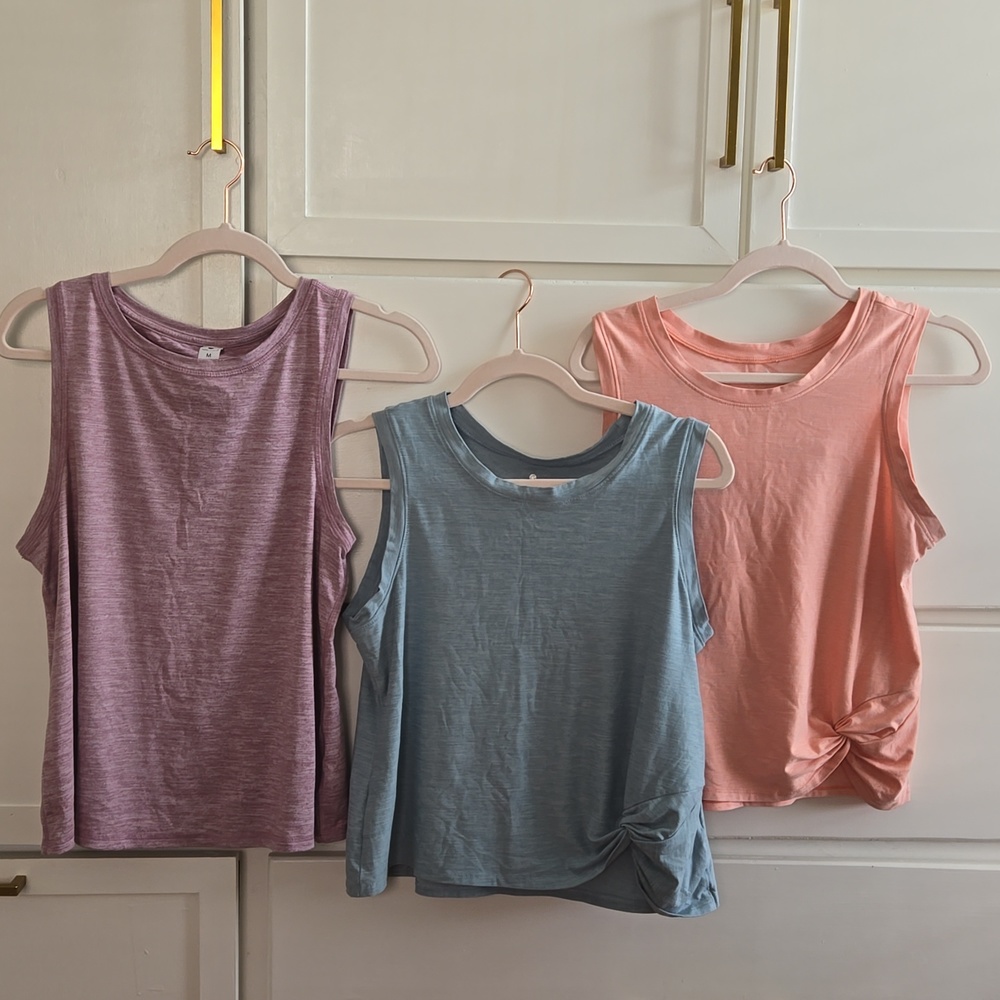 3 pastel muscle workout tops blue coral and purple arpana & yogalicious